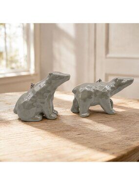 Ceramic Polar Bear Ornaments Pair Glazed Animal Figurines Silver Cord